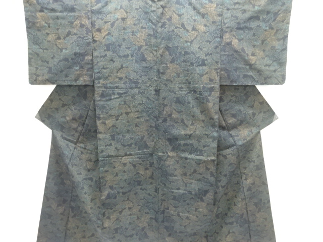 草葉模様織り出し手織り紬着物